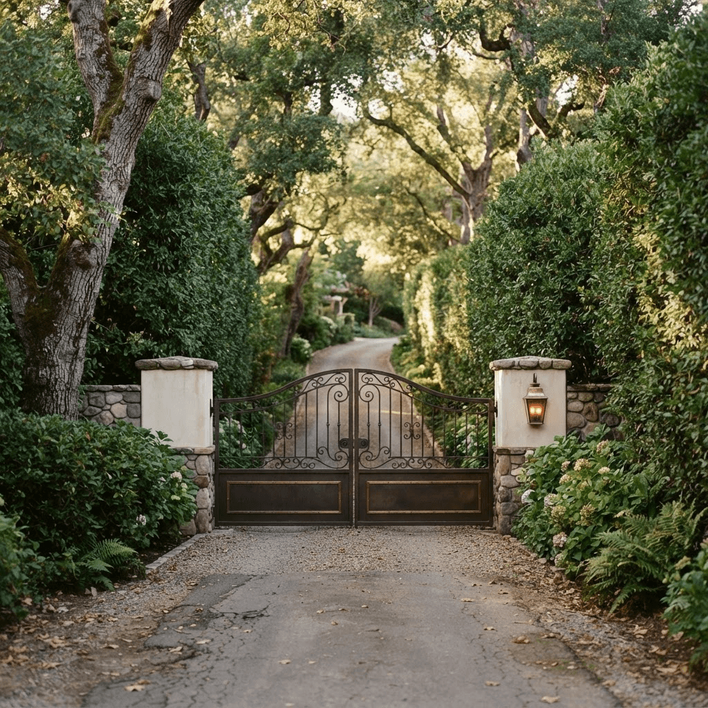 A quiet Atherton lane with no sidewalks, dense hedgerows and oaks screening a closed estate gate