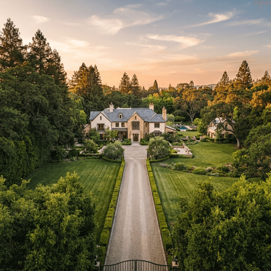 A vast multi-acre Atherton estate set far behind tall hedgerows and mature oaks at golden hour