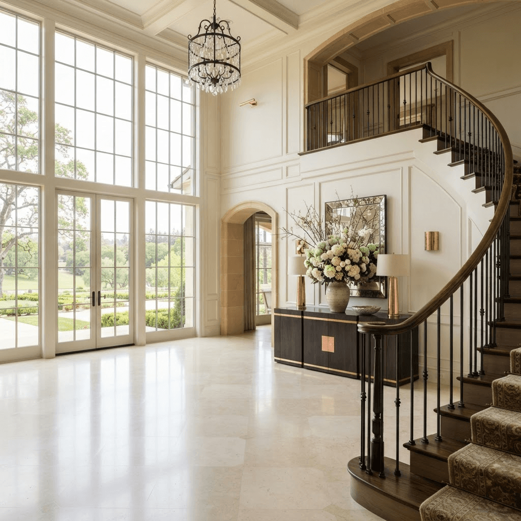 Grand entry hall of a large Atherton estate with a sweeping staircase and tall windows onto acres of grounds