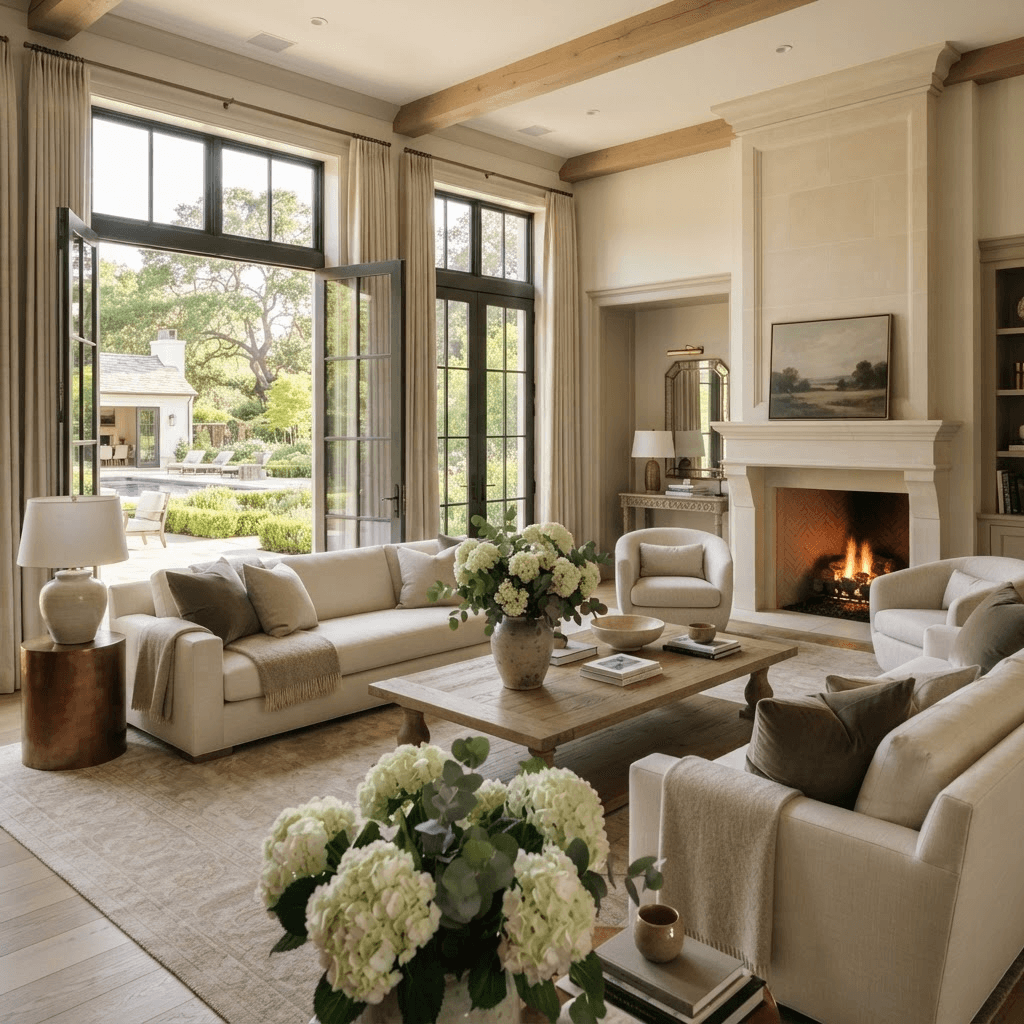 Spacious refined Atherton estate living room with French doors onto extensive private grounds and a pool house beyond