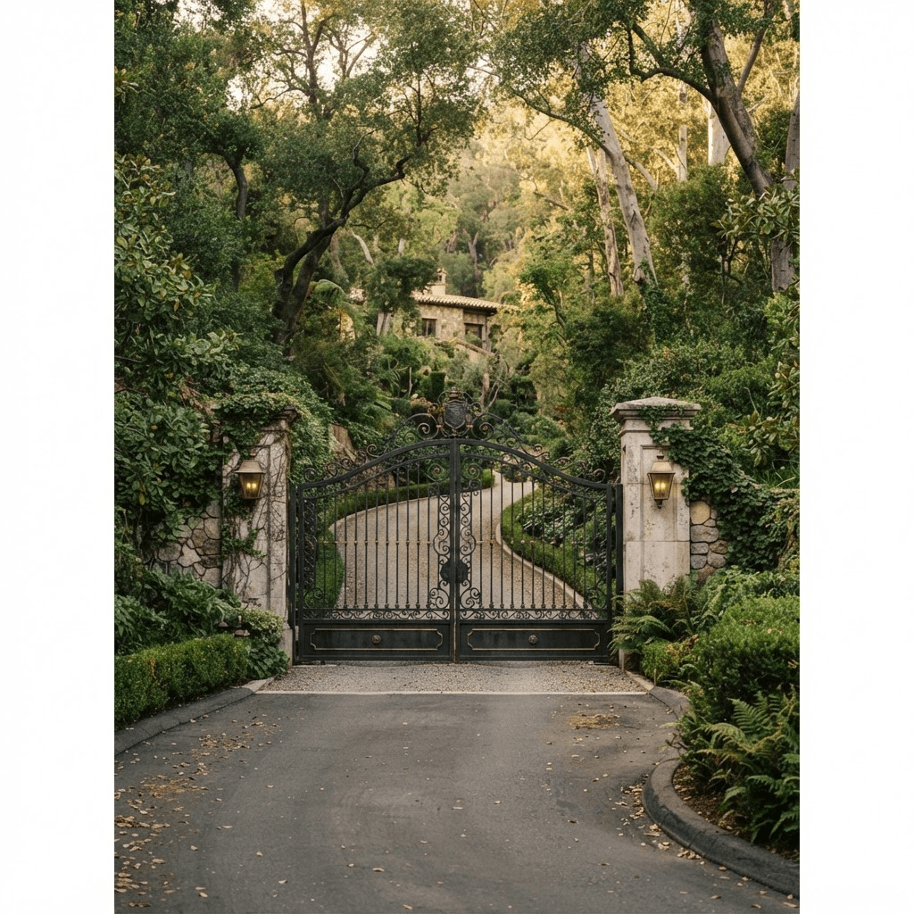 A grand stone gated entrance to a Bel Air estate set between stone pillars and dense mature trees on a secluded canyon road