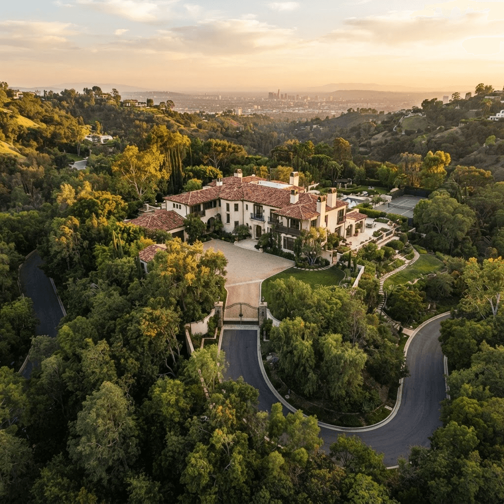 A secluded Bel Air canyon estate set high in wooded hills behind private gates at golden hour