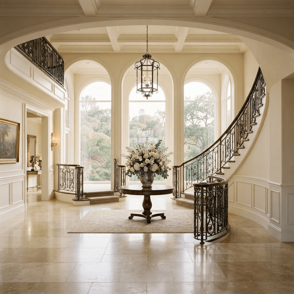 Stately grand entry hall of a Bel Air estate with a sweeping double staircase and tall arched windows onto wooded canyon grounds