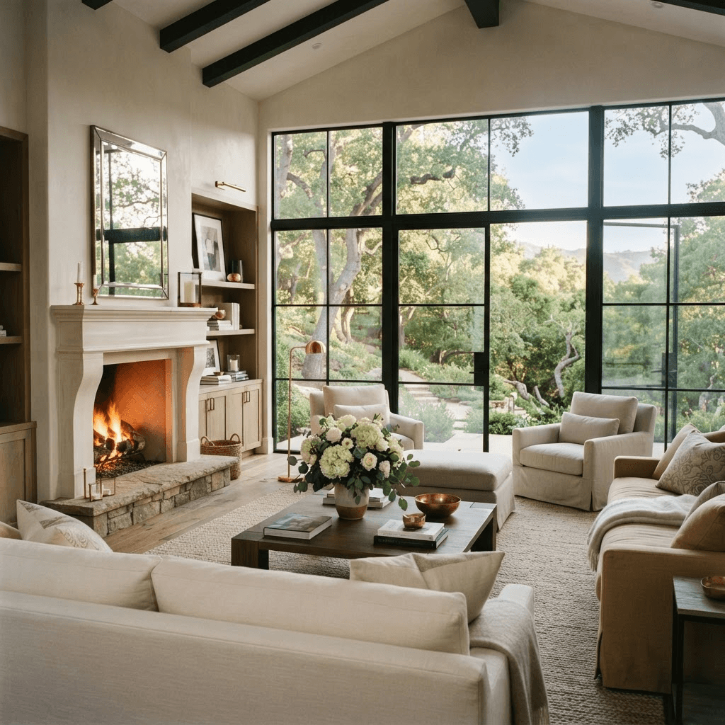 Refined Bel Air estate living room with floor-to-ceiling windows overlooking a secluded wooded canyon and gardens