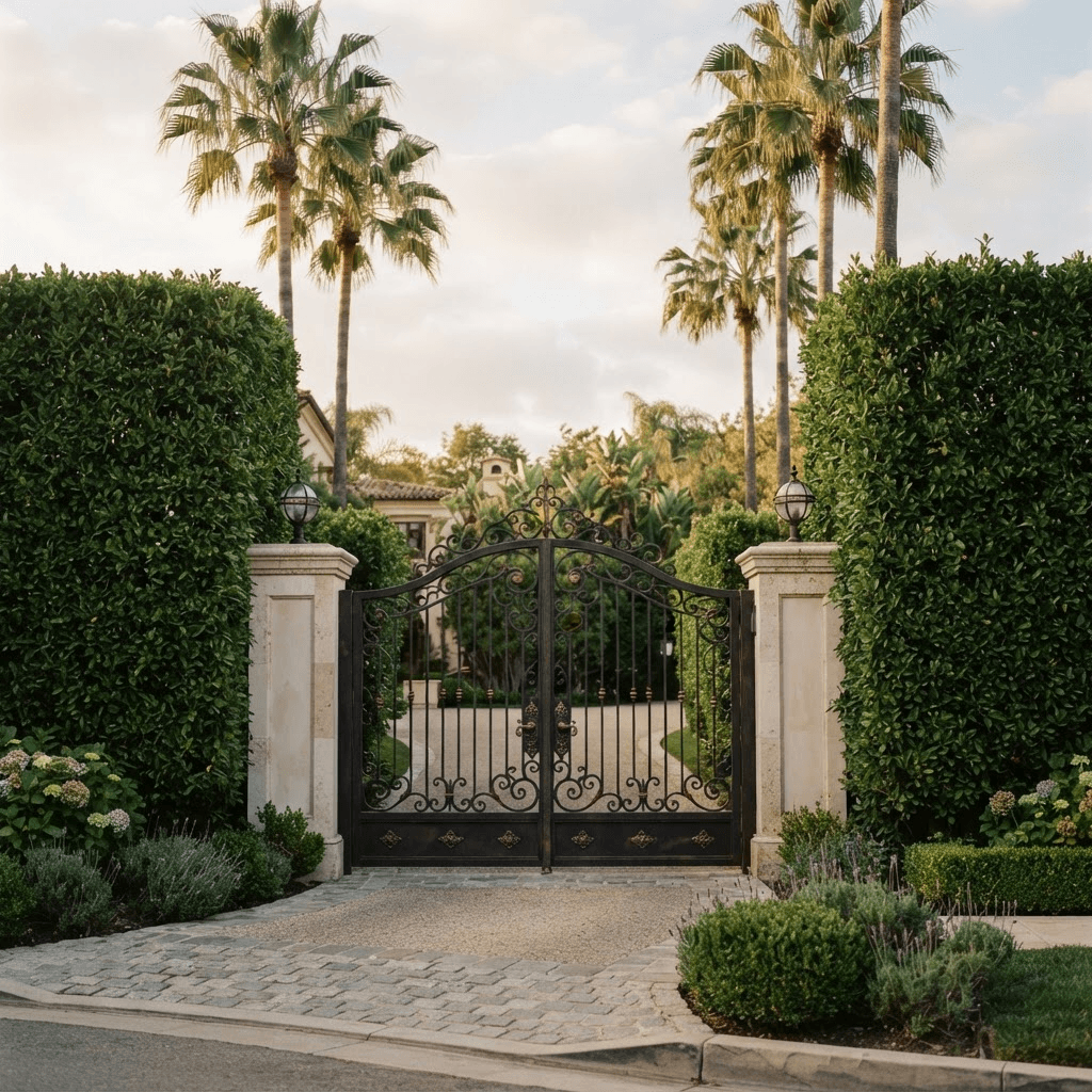 A manicured privacy hedge and wrought-iron gate at the entrance of a Beverly Hills estate, framed by palm trees