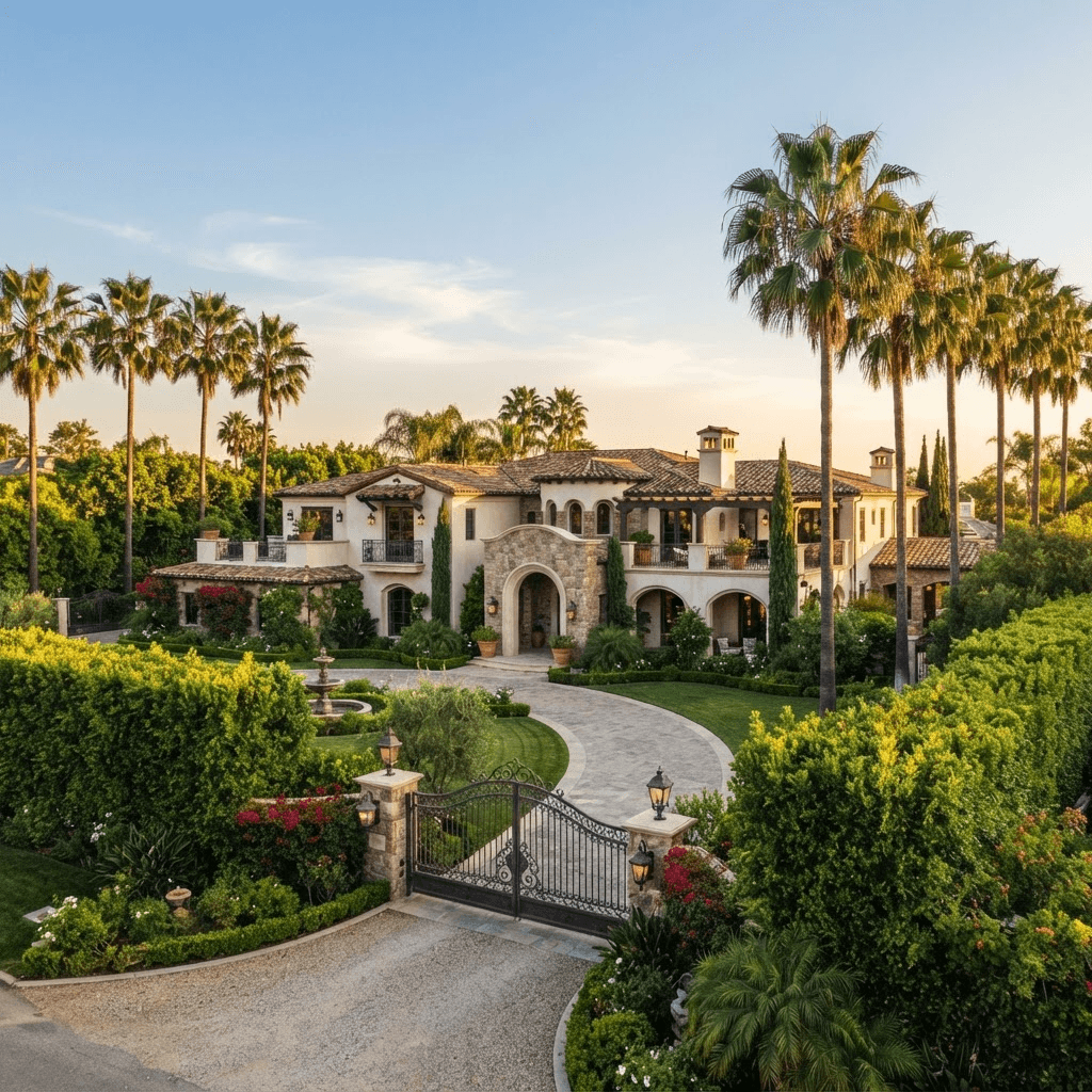 A grand Beverly Hills Mediterranean estate framed by palm trees at golden hour