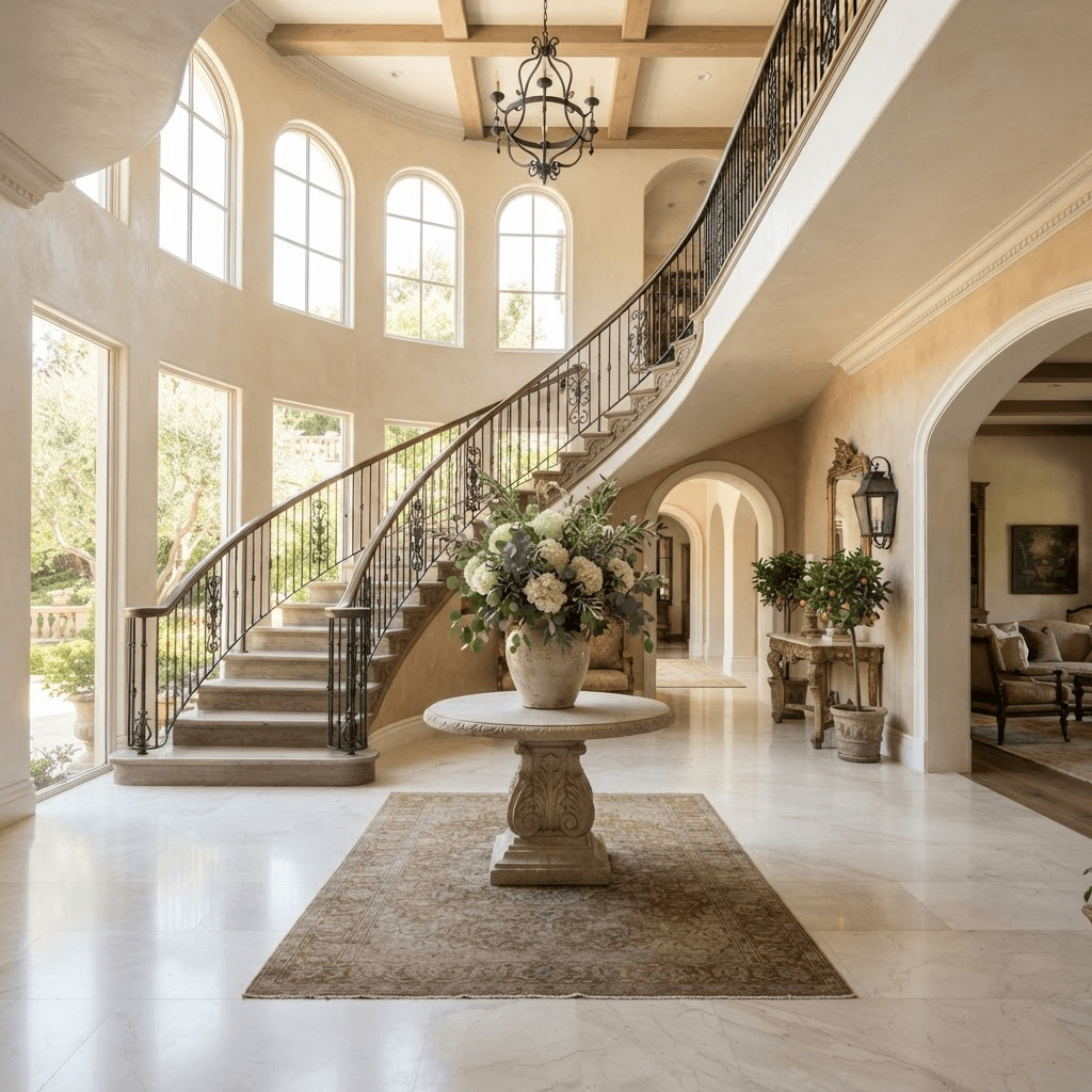 Sunlit grand entry hall of a Beverly Hills estate with arched windows, pale marble floors, and a sweeping staircase