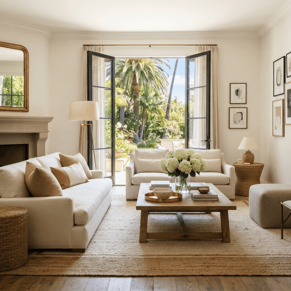 Refined Beverly Hills living room with French doors opening to a palm garden, linen sofas, and fresh white hydrangeas