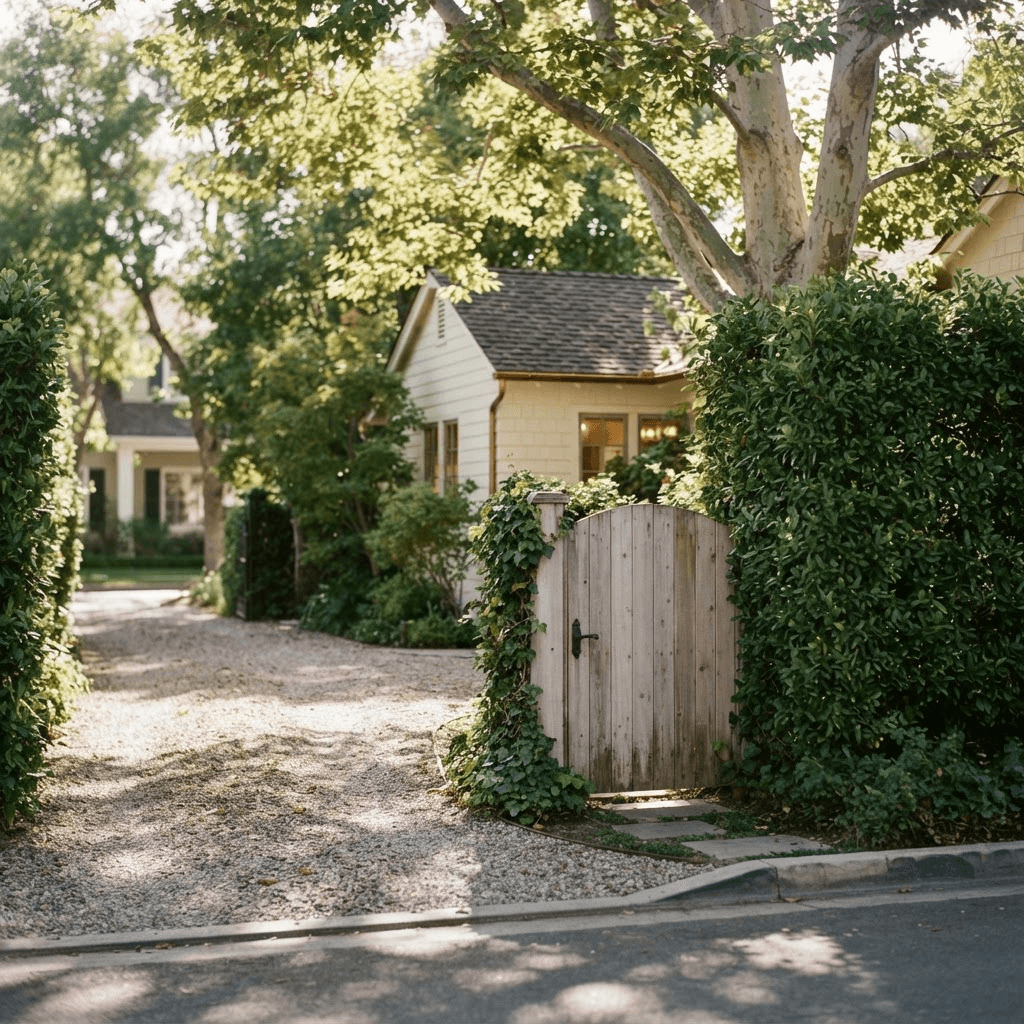 A quiet, leafy Brentwood residential street with a wooden gate and tall green hedges shading a family driveway