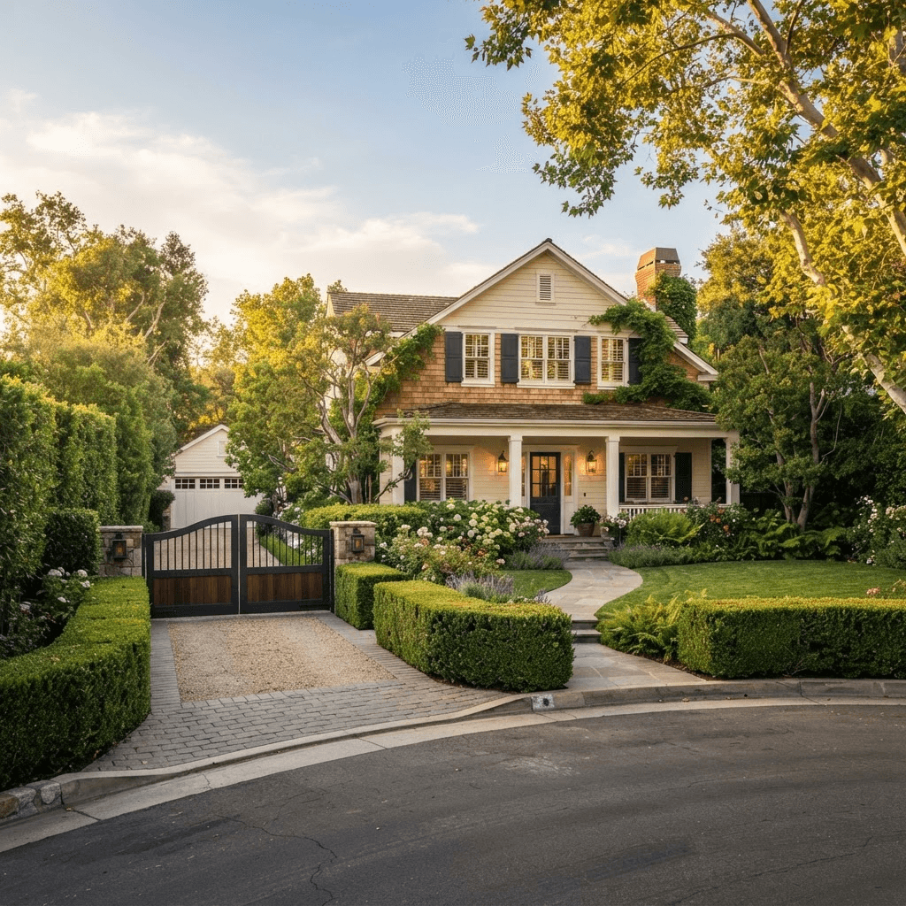 A gracious traditional Brentwood family home on a leafy Westside street at golden hour