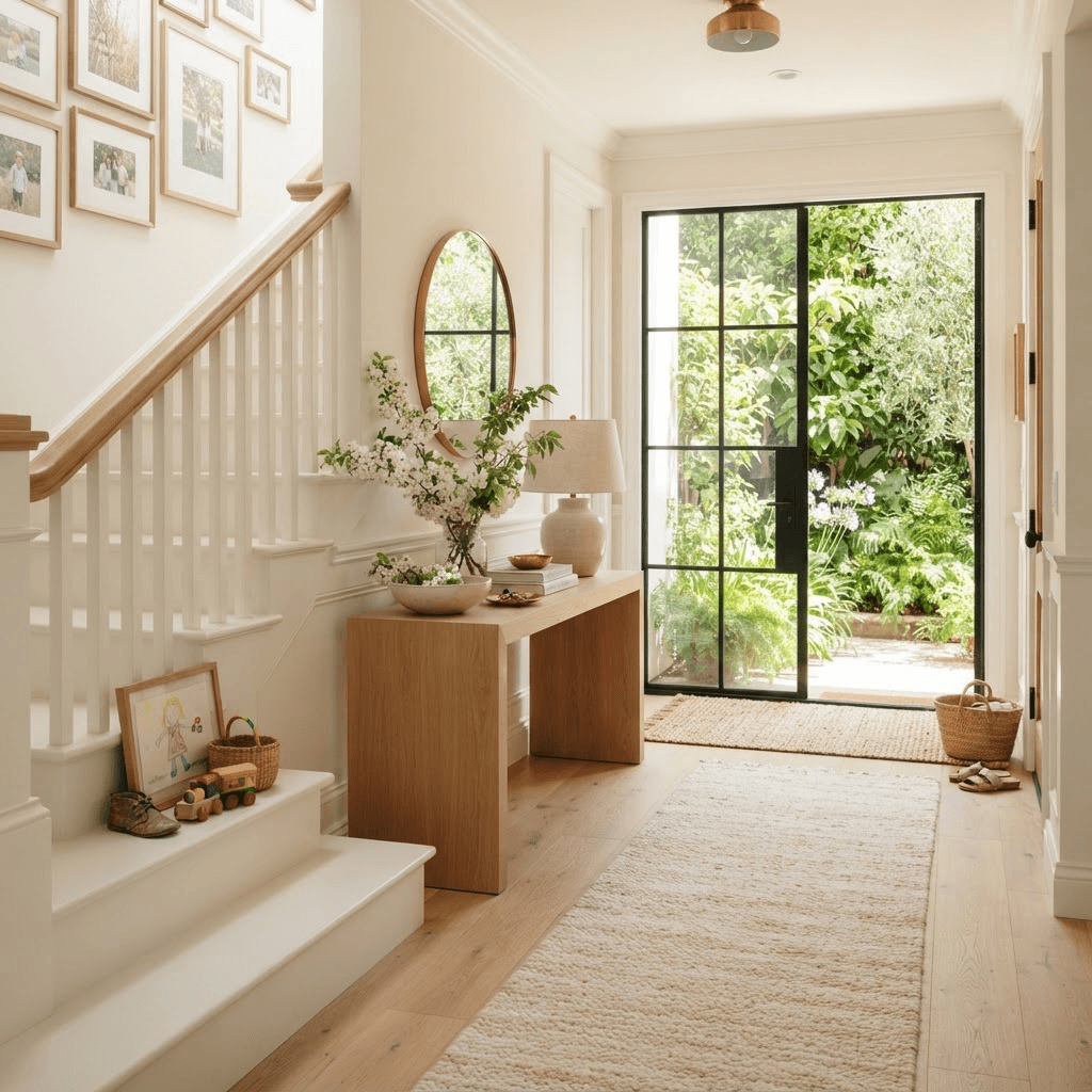 Warm, welcoming entry hall of a Brentwood family home with light oak floors and fresh white blossoms