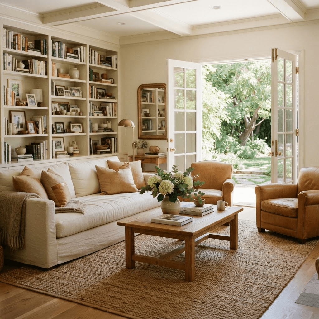 Comfortable Brentwood family living room with French doors opening to a leafy backyard and soft linen sofas