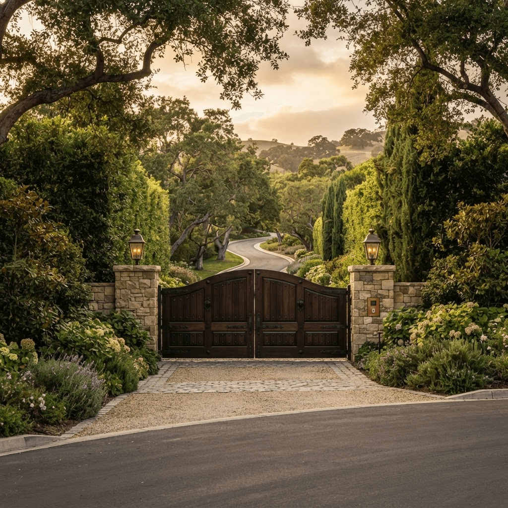 A private gated entrance to a Calabasas estate set well back from a quiet road, screened by mature oaks