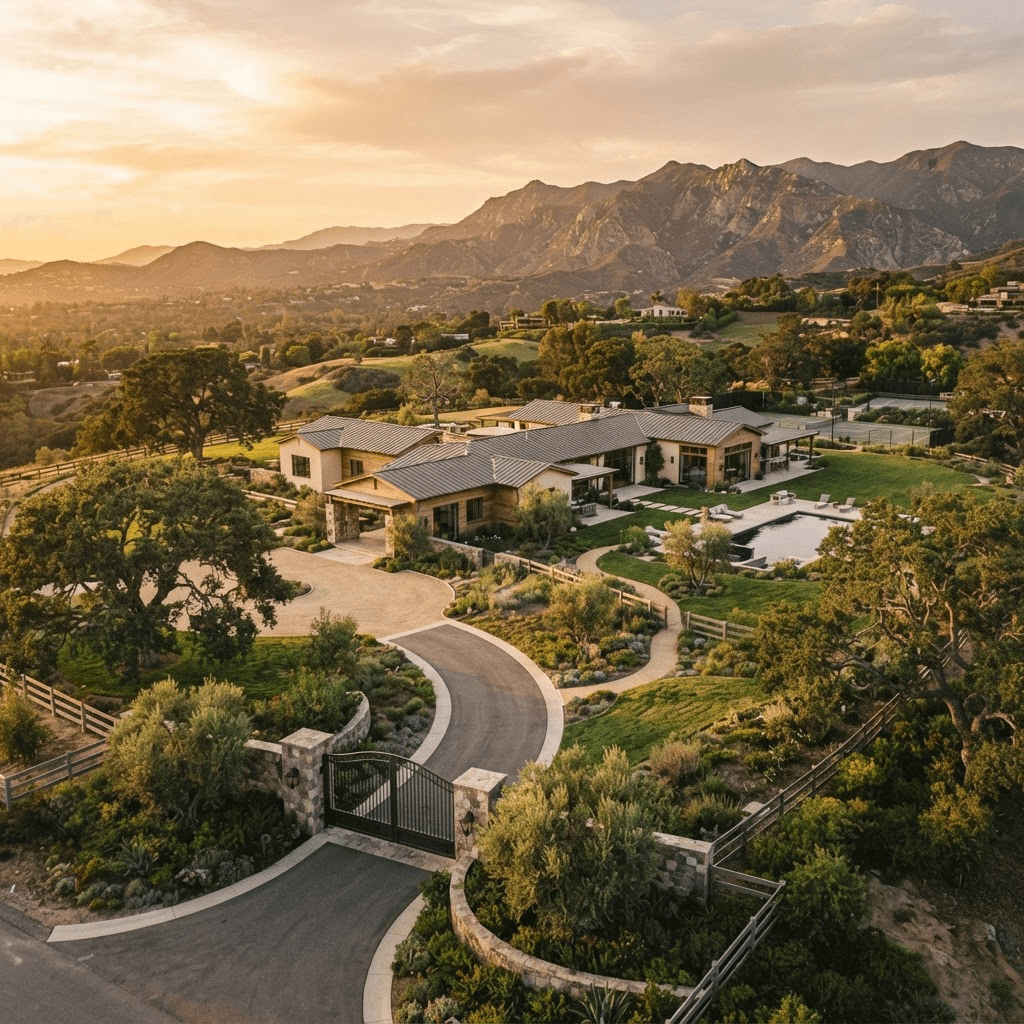 A sprawling single-story Calabasas ranch estate behind private gates at golden hour