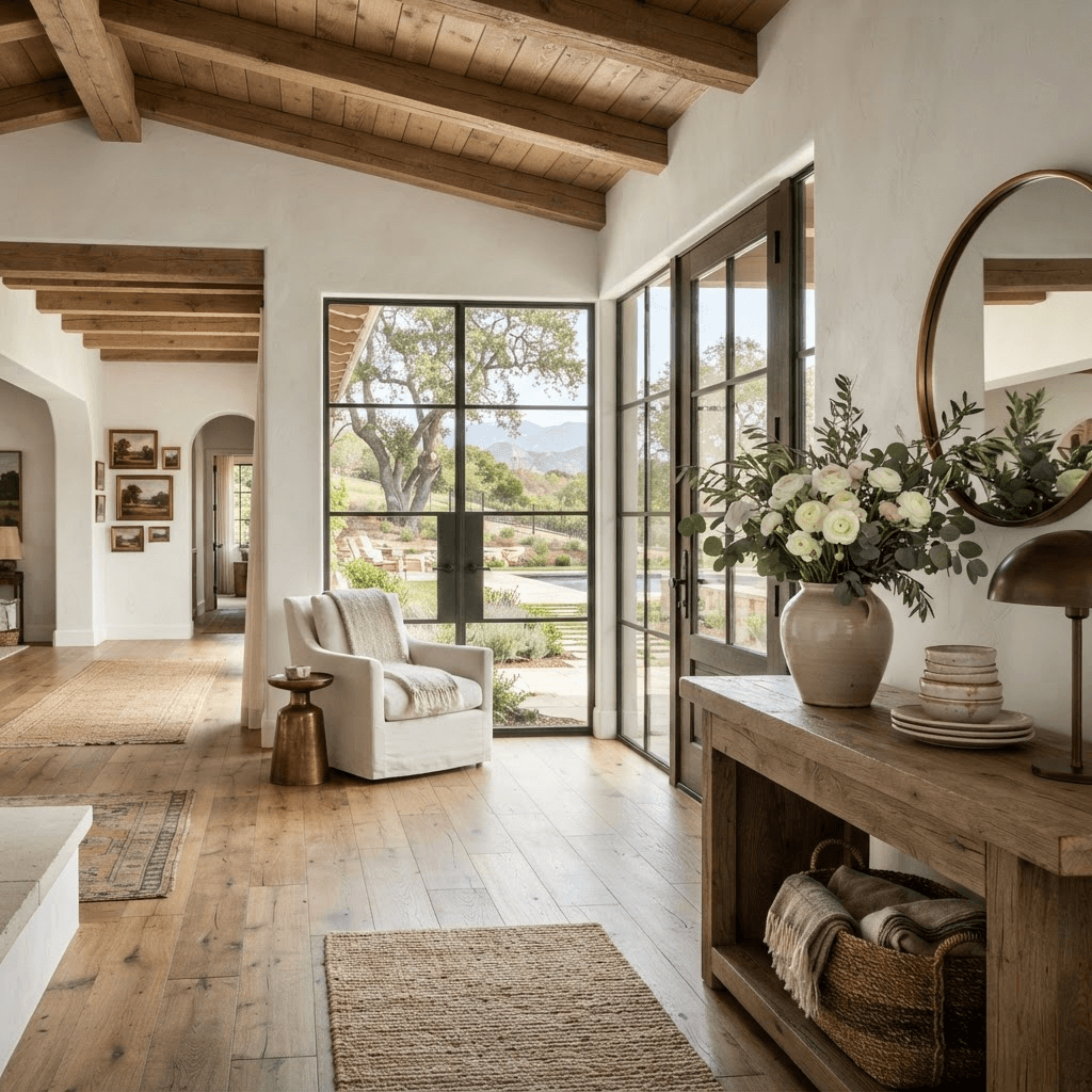 Warm, spacious entry of a single-story Calabasas ranch estate with wood-beam ceiling and windows onto gated grounds