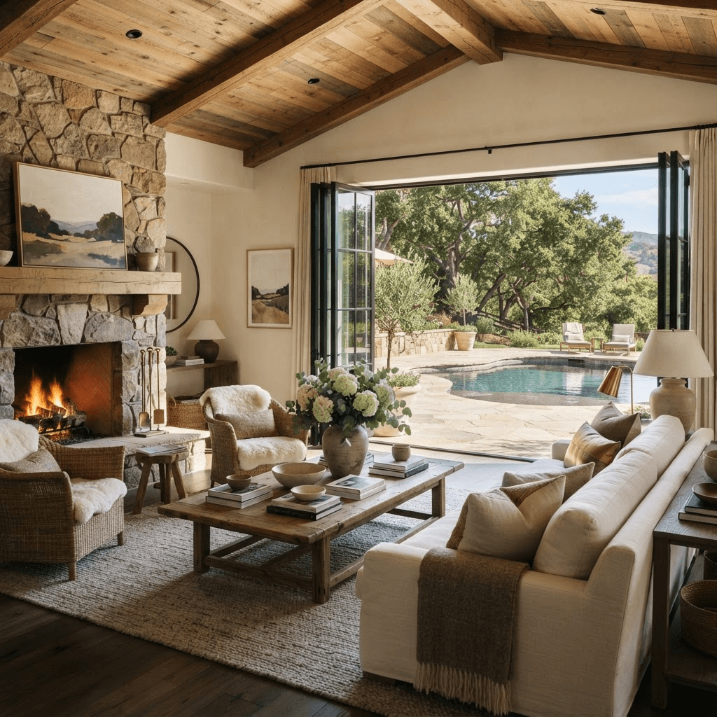 Calabasas ranch-estate living room with glass doors opening to a private pool and oak trees