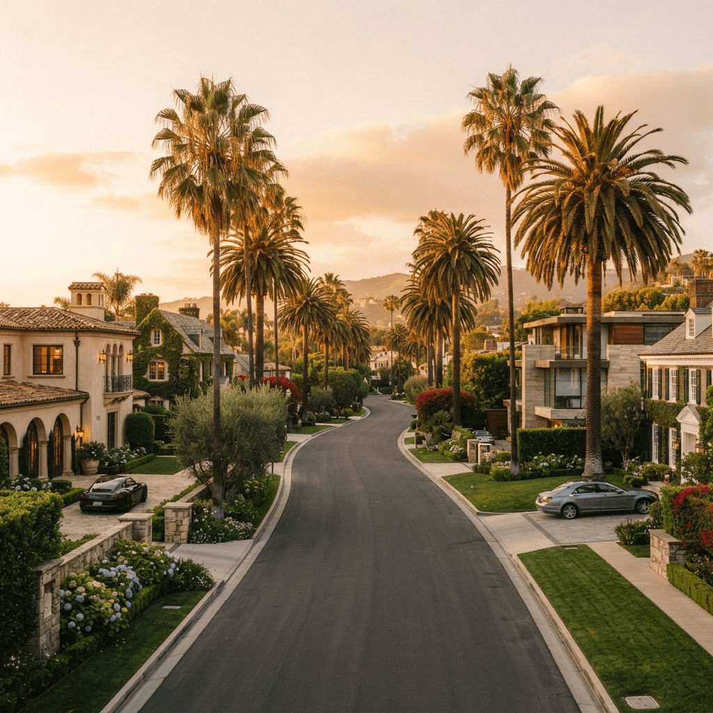 A refined Los Angeles estate exterior at golden hour