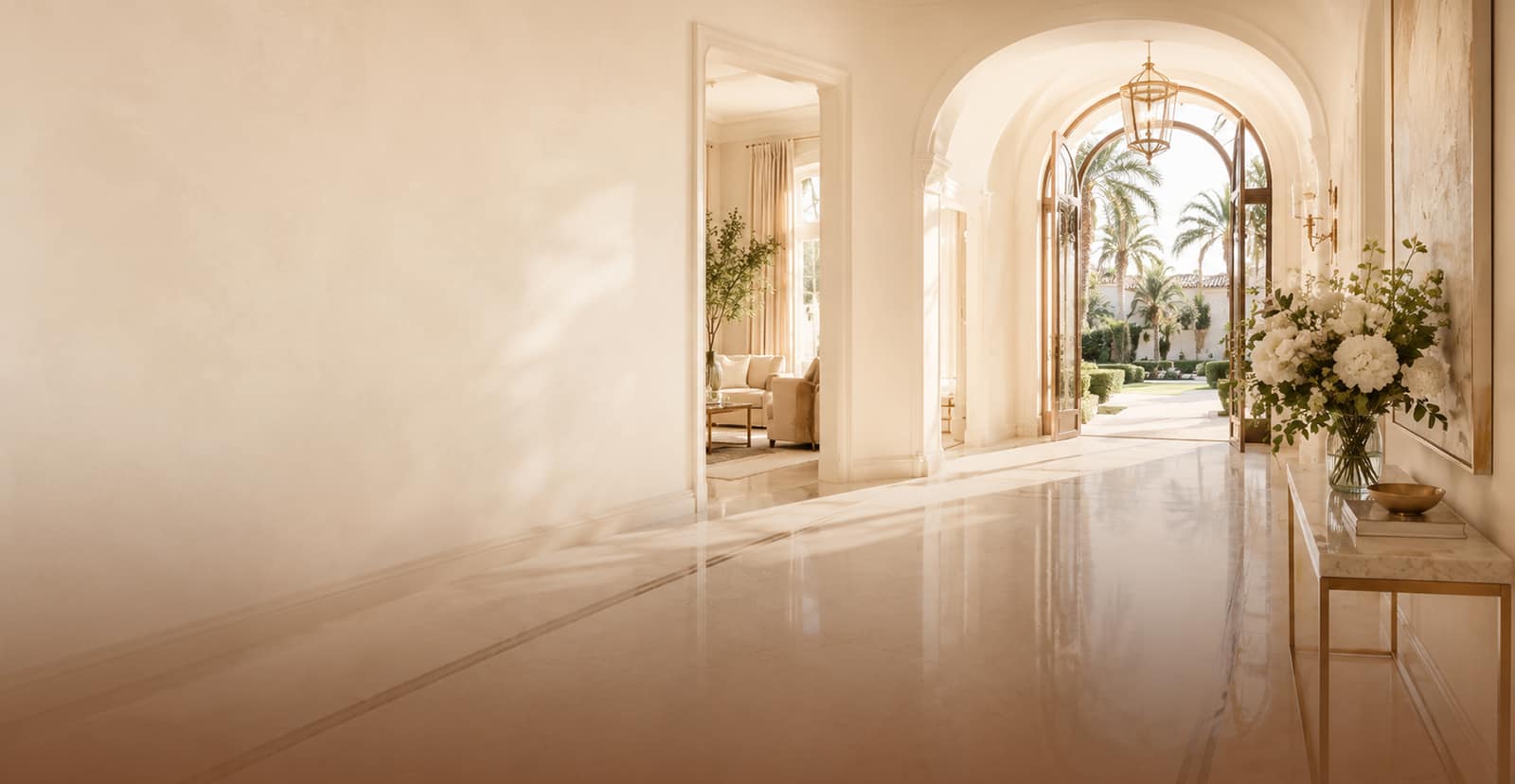 Sunlit marble entry hall of a Beverly Hills estate opening onto palm gardens