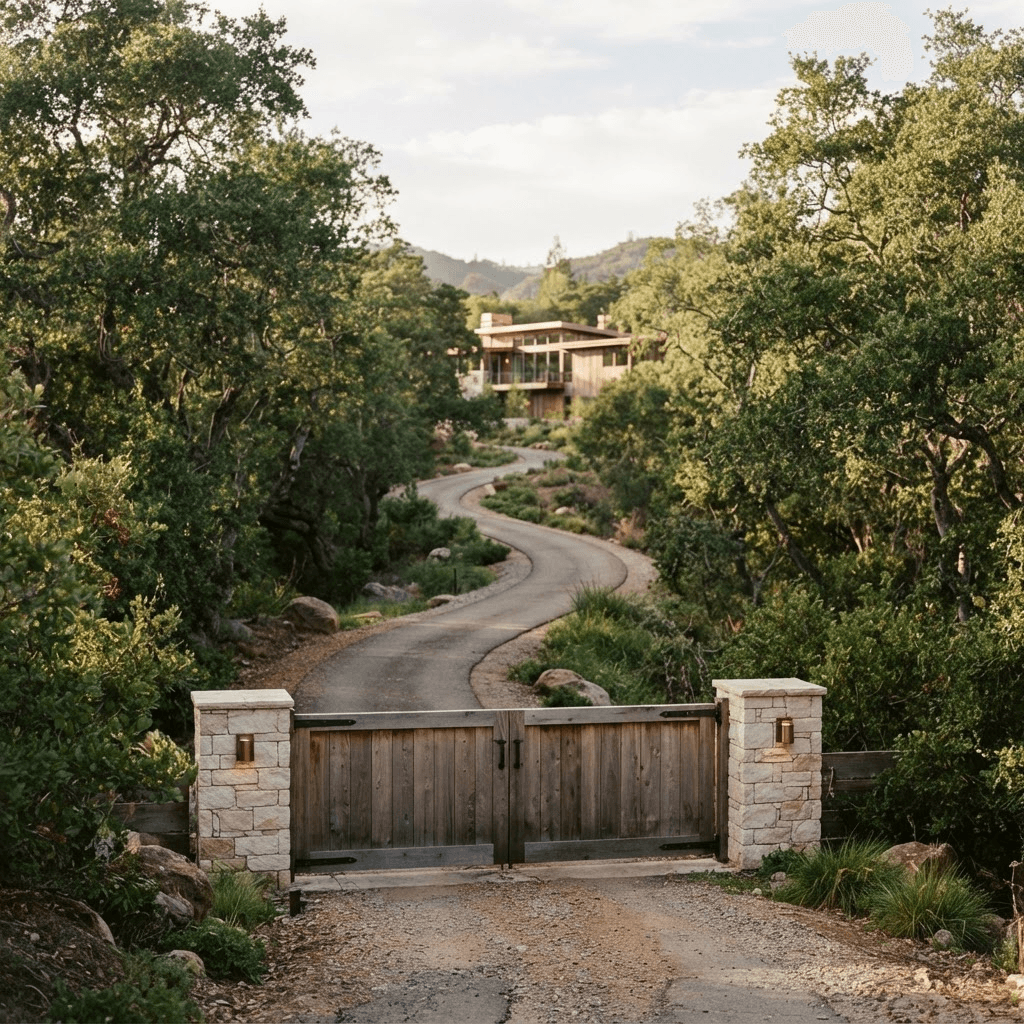 A quiet private driveway winding through oak trees toward a modern Los Altos Hills home set well back from the road