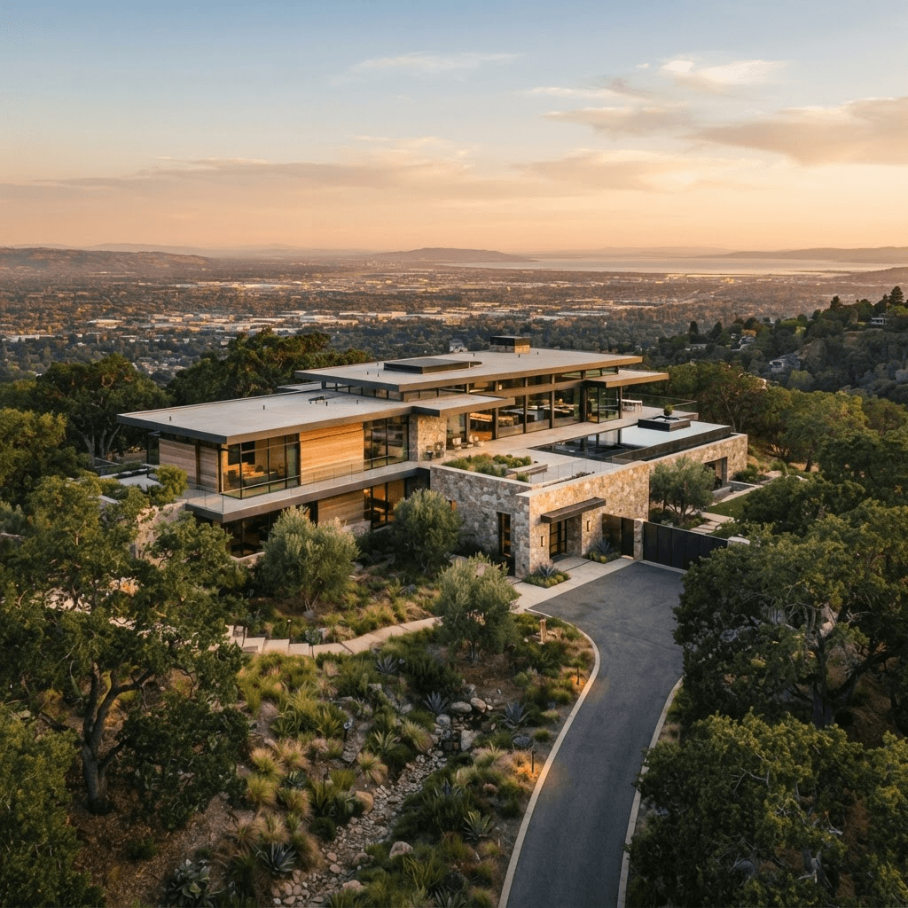 A contemporary Los Altos Hills estate on a wooded hillside lot above Silicon Valley at golden hour