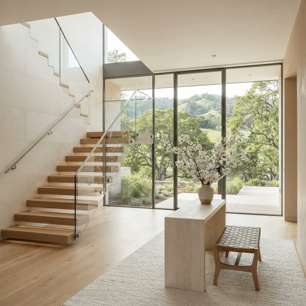 Bright contemporary entry hall of a modern Los Altos Hills home with a floating staircase and floor-to-ceiling glass onto oak-studded grounds