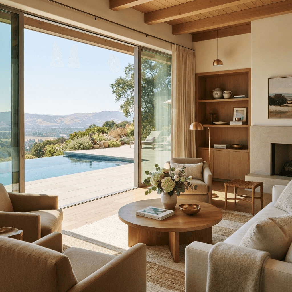 Serene contemporary Los Altos Hills living room with a wall of sliding glass opening to a hillside pool and valley view