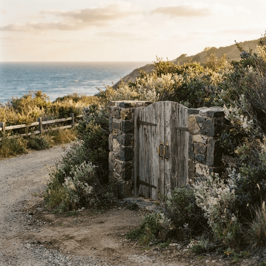 A remote gated entrance to a Malibu coastal estate off a quiet Pacific Coast lane with the ocean beyond