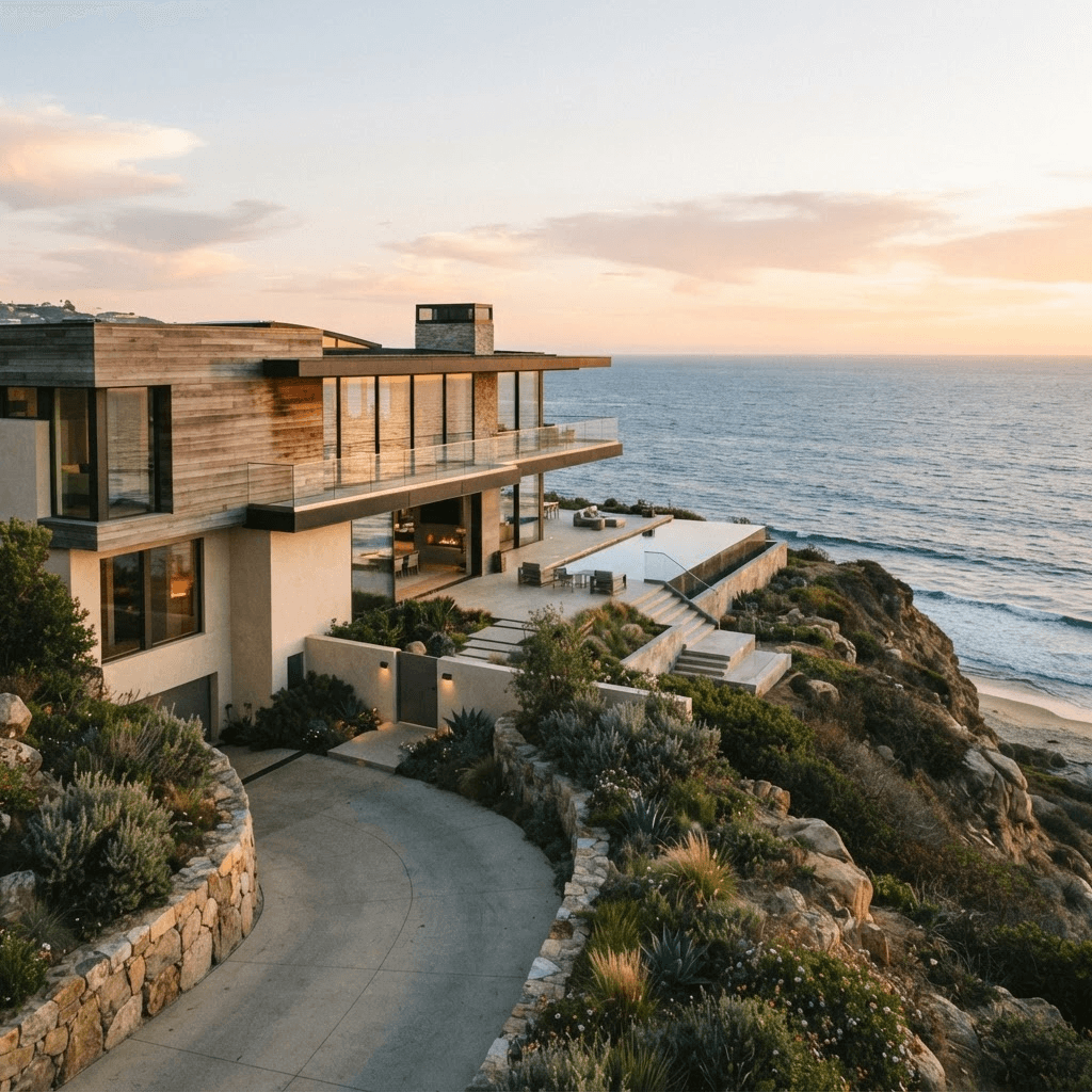An oceanfront Malibu estate perched above the Pacific on a Point Dume bluff at golden hour