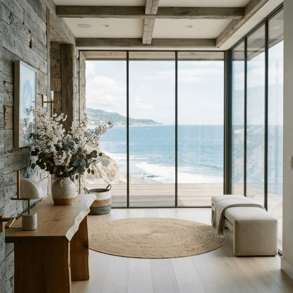 Light-filled entry of an oceanfront Malibu home with pale wide-plank floors and glass framing the Pacific