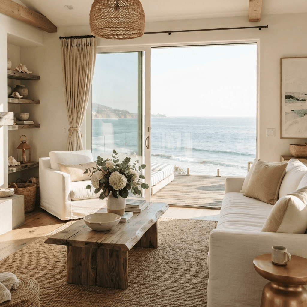 Serene oceanfront Malibu living room with a wall of glass sliding open to a deck above the surf