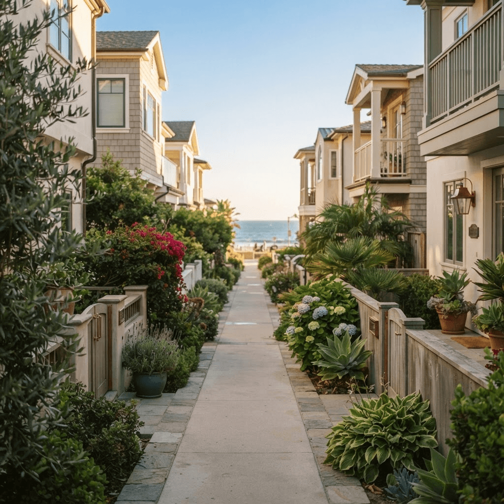 A quiet Manhattan Beach walk street between tall coastal homes with a glimpse of the ocean beyond
