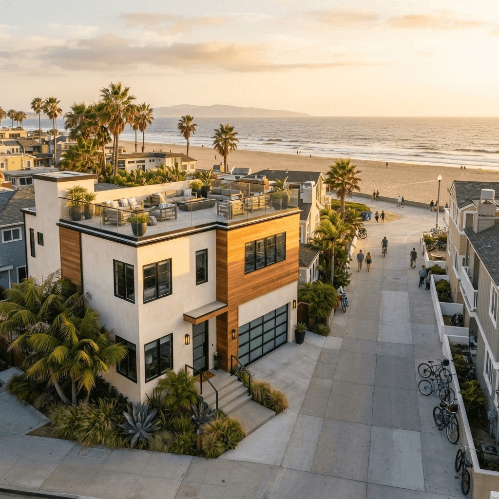 A tall contemporary Manhattan Beach walk-street home steps from the sand at golden hour
