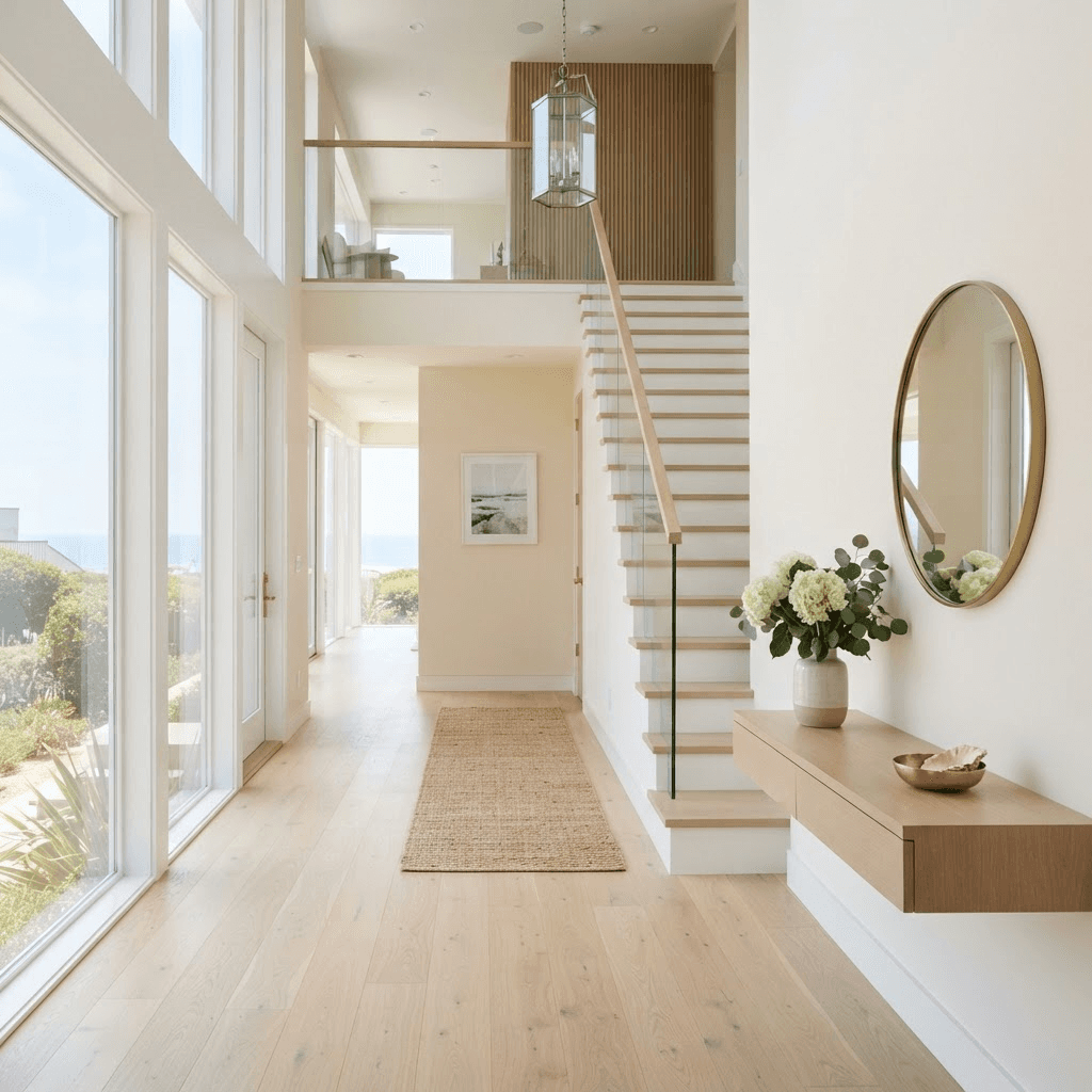 Bright, immaculate entry of a tall modern Manhattan Beach coastal home with pale oak floors and fresh white blossoms