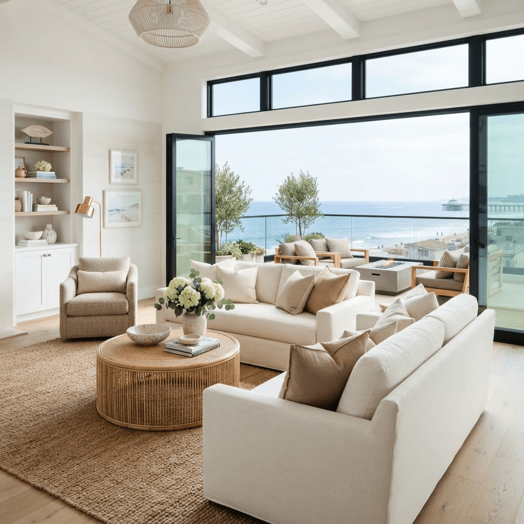 Crisp upper-floor Manhattan Beach living room with wide glass doors opening to a rooftop deck and an ocean view