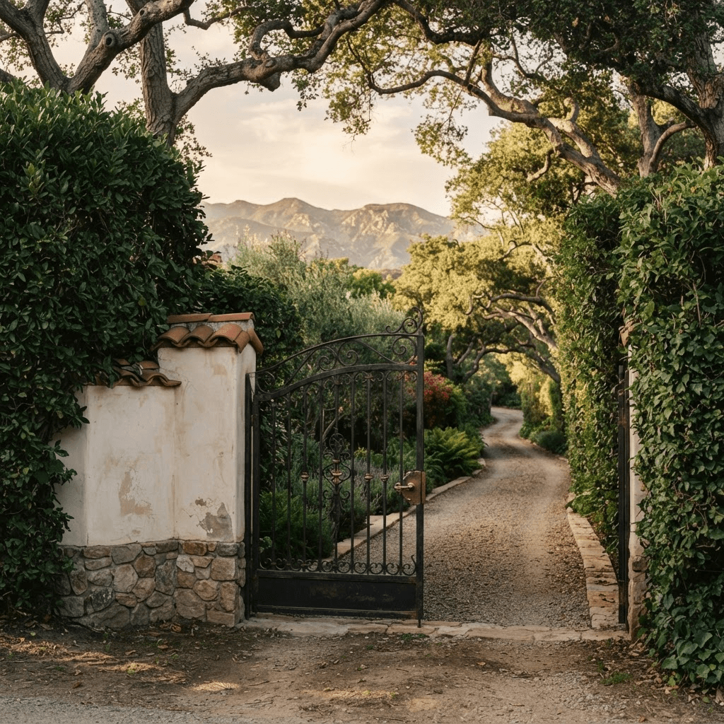 A quiet Montecito lane beneath ancient oaks with a Spanish-style stucco-and-iron estate gate screening a long private drive