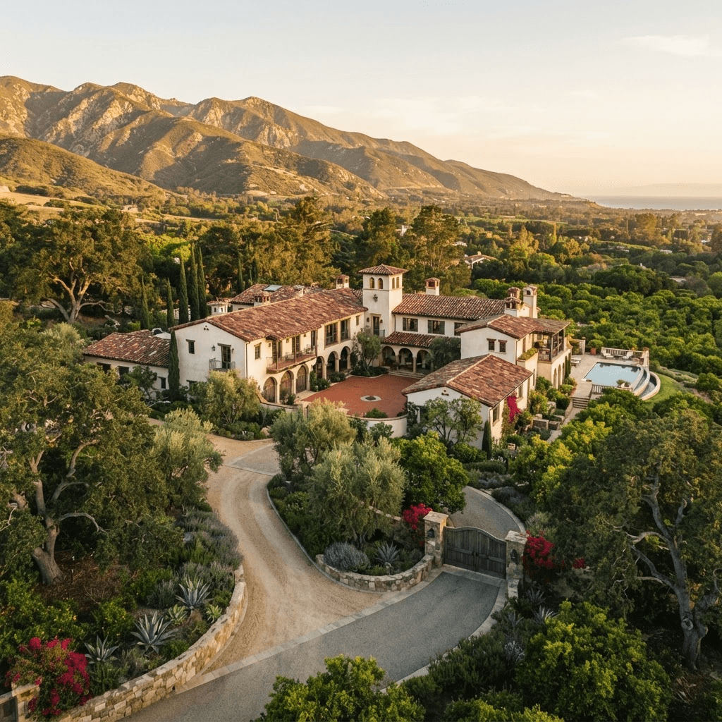 A gated Mediterranean estate in Montecito among oak groves and citrus below the Santa Ynez foothills at golden hour