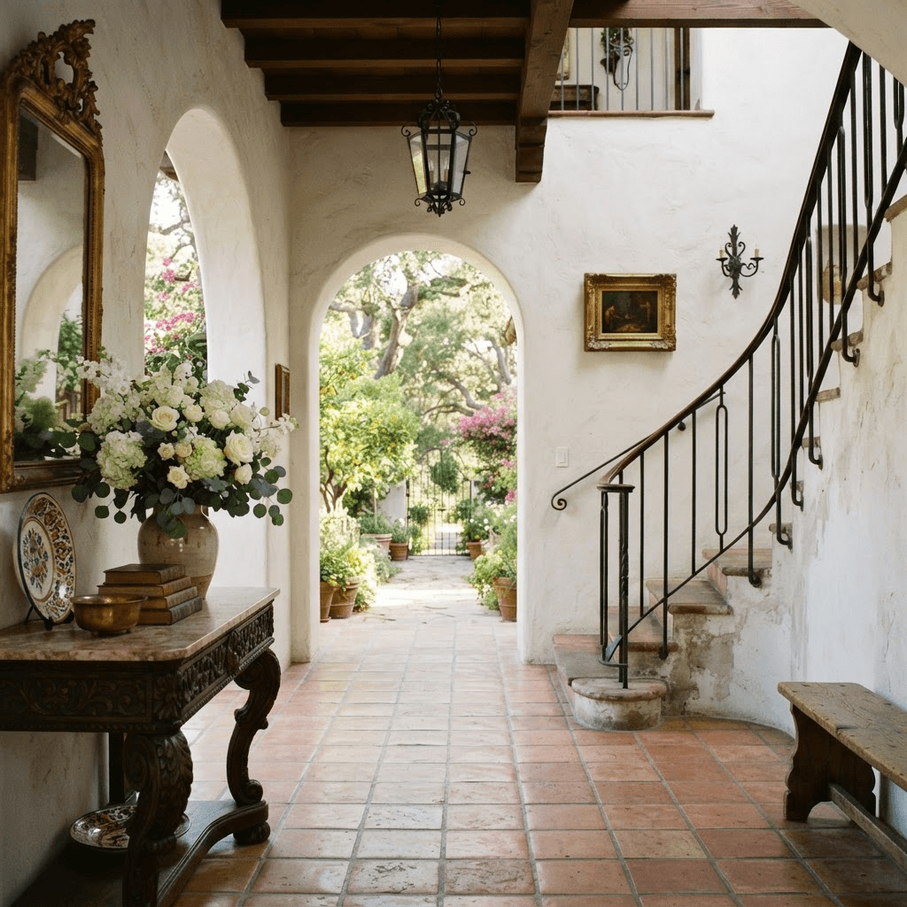 Serene entry hall of a Montecito Spanish Colonial estate with terracotta floors, a wrought-iron staircase, and arched doorways onto a garden courtyard