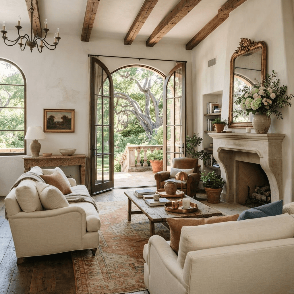 Gracious Montecito Mediterranean living room with a beamed ceiling and arched French doors opening to a mature garden and oak grove