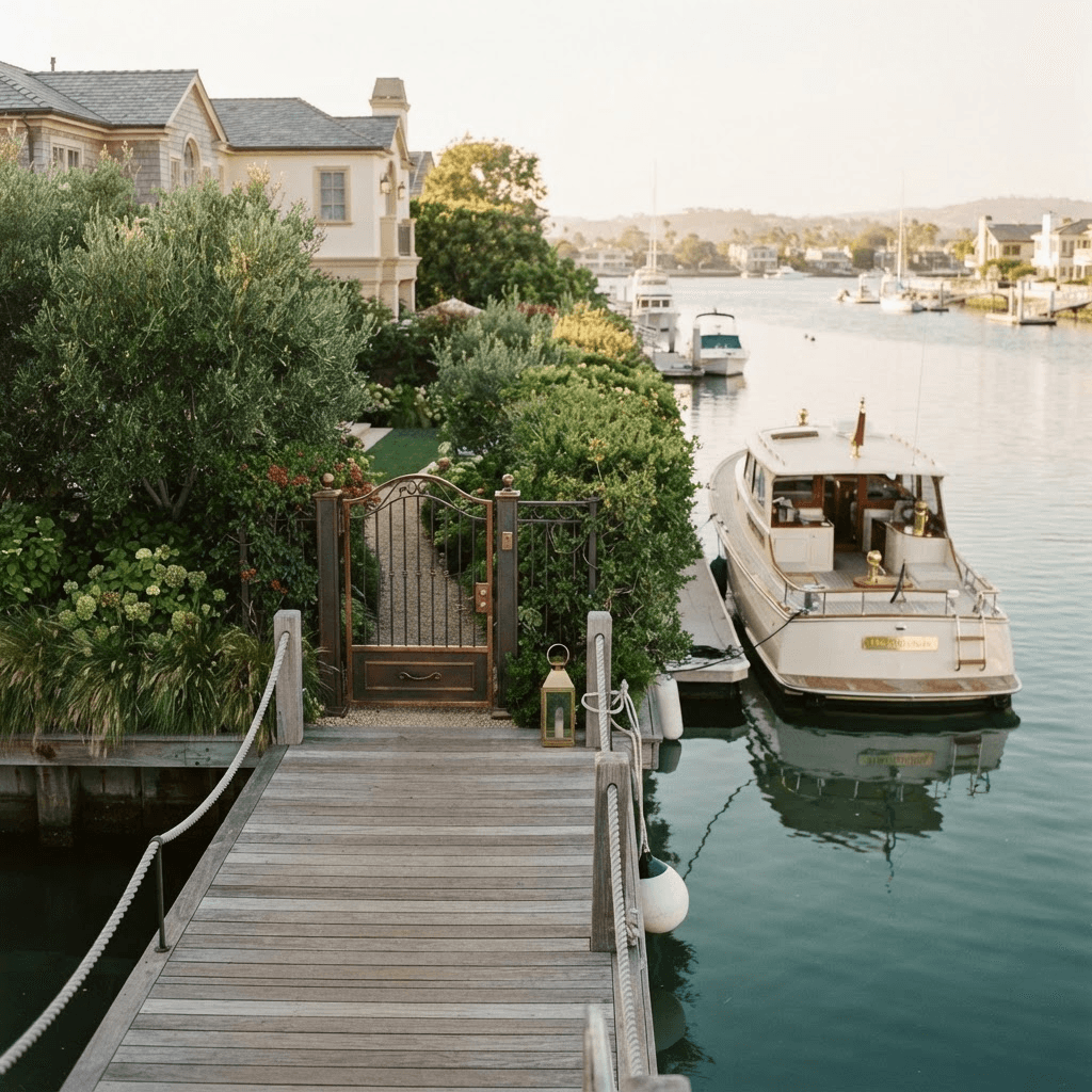 A quiet private dock and gated waterfront entrance of a Newport Beach estate with a moored yacht and calm harbour beyond