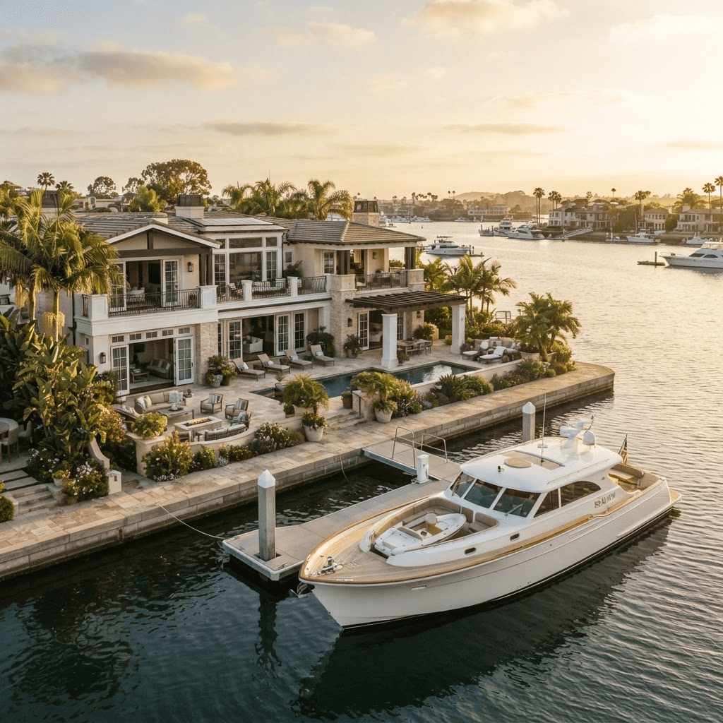 A waterfront Newport Beach estate with a private dock and moored yacht on the harbour at golden hour