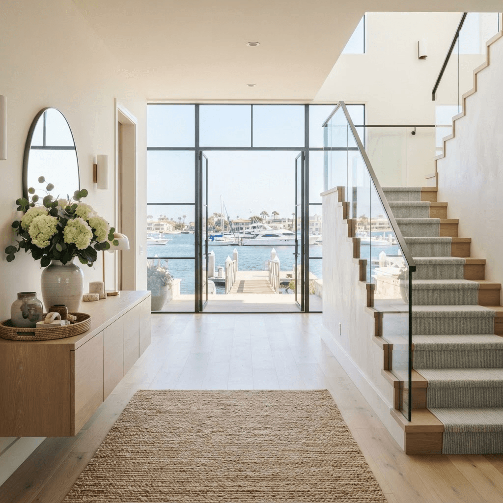 Bright, open entry hall of a Newport Beach waterfront home with floor-to-ceiling glass framing the harbour and dock