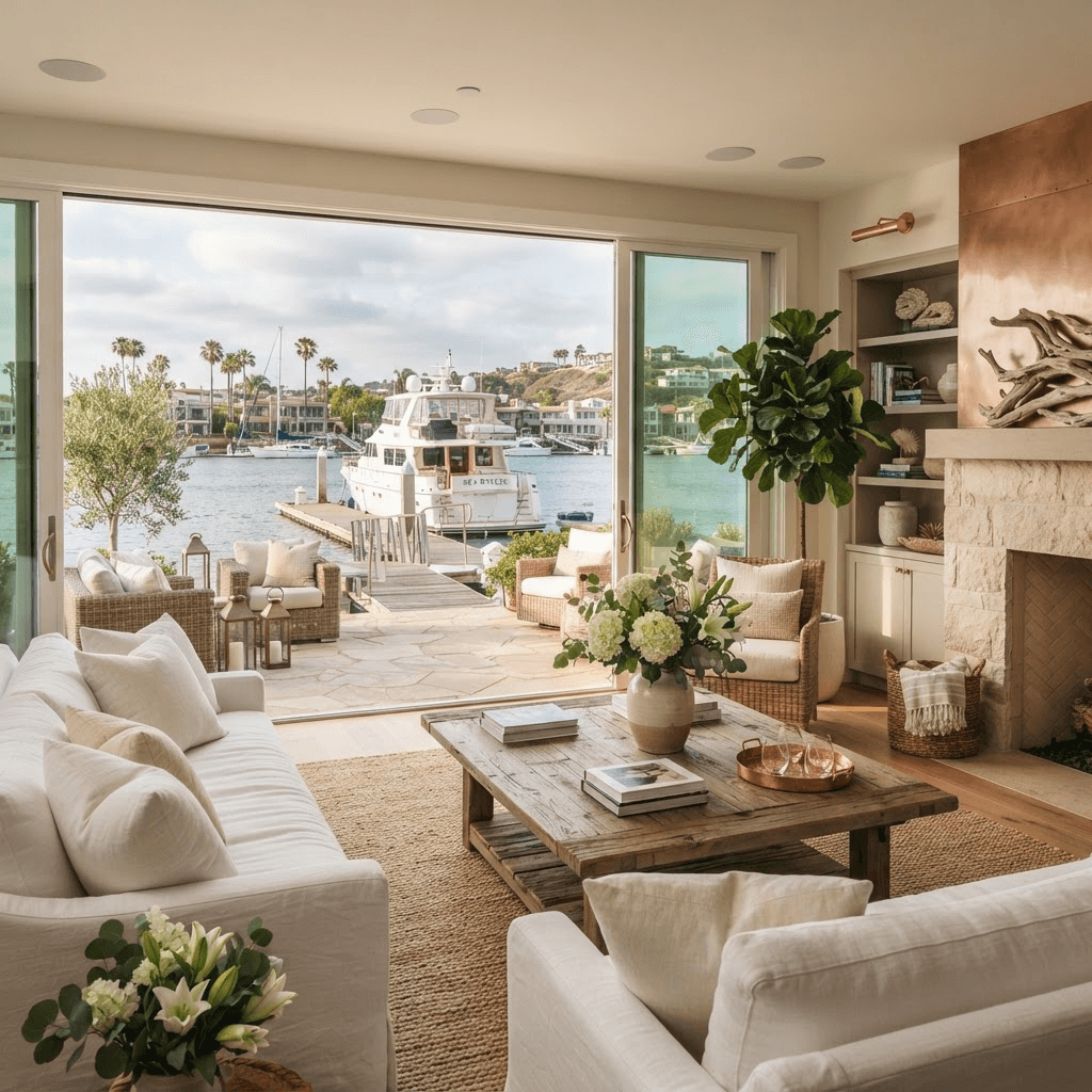 Relaxed Newport Beach living room with a wall of glass opening to a harbour-side patio and private dock with a yacht