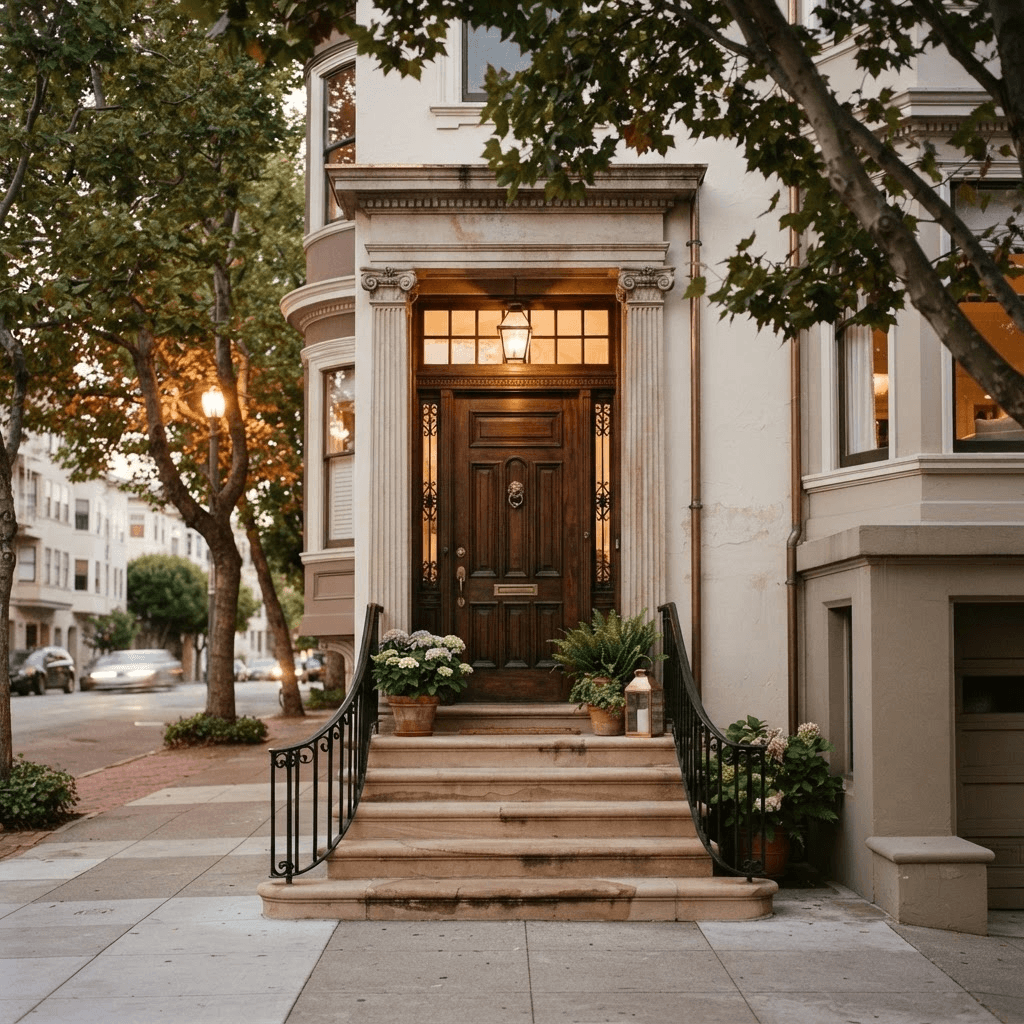 A dignified historic townhouse entrance on a prominent Pacific Heights street with close neighboring facades