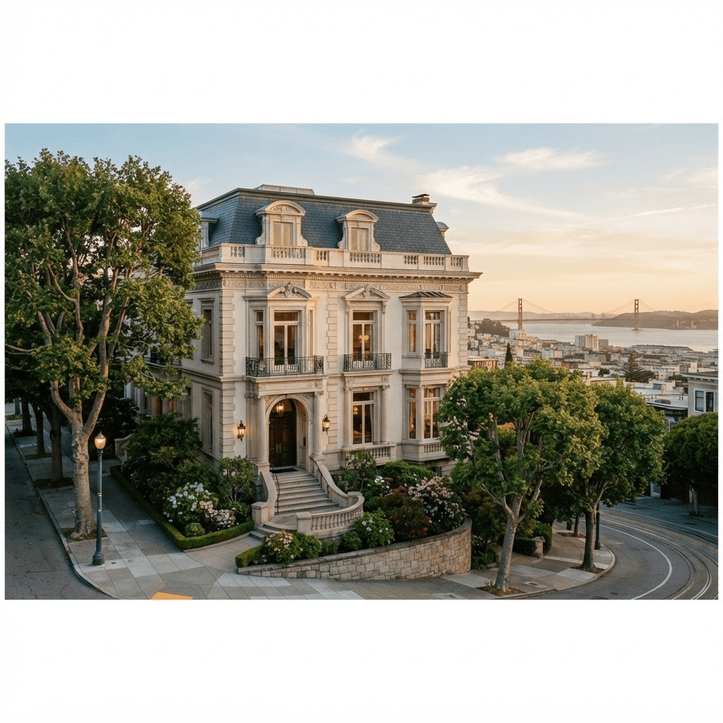 A grand historic Pacific Heights mansion on a prominent San Francisco street with the bay beyond at golden hour