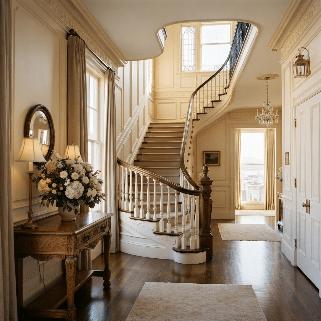 Formal entry hall of a historic Pacific Heights townhouse with ornate molding, a classic staircase, and white blossoms