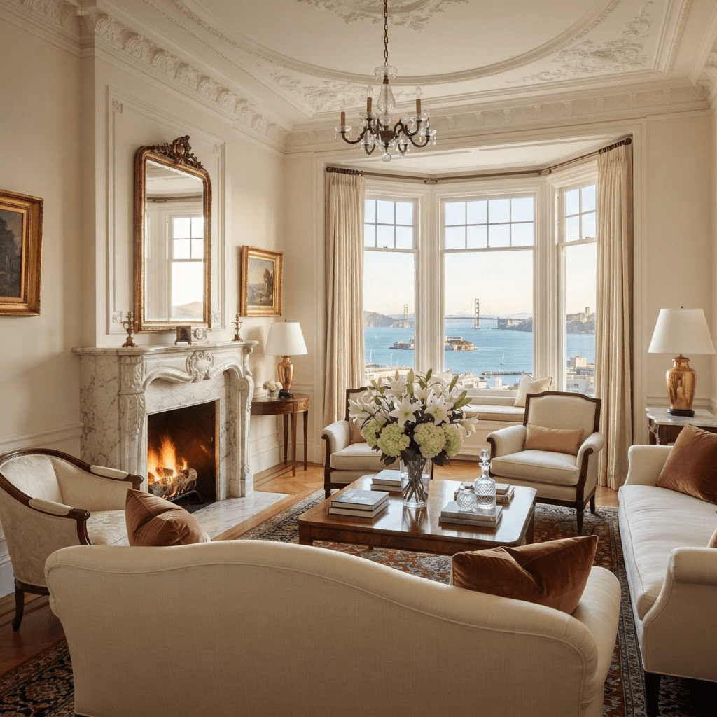 Elegant formal Pacific Heights living room with a bay window framing a view of the San Francisco bay