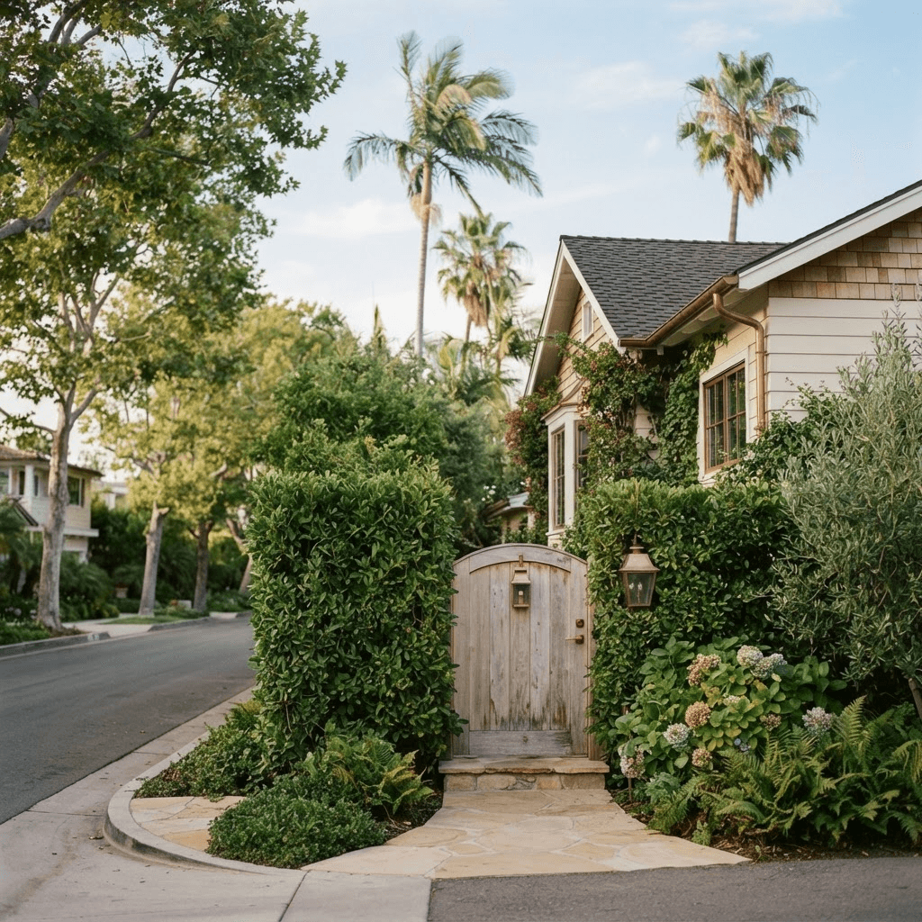 A quiet tree-lined Santa Monica street North of Montana with a wooden gate and tall hedges shading a coastal home