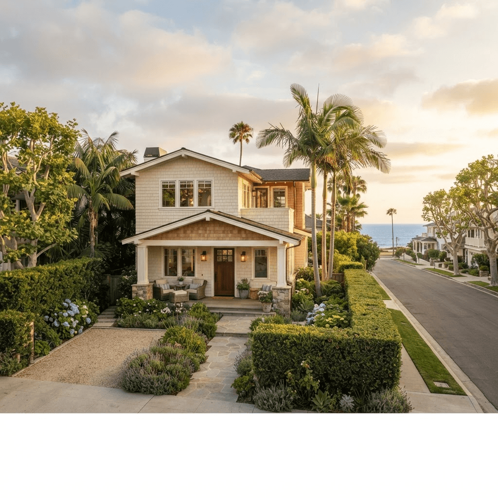 A gracious North of Montana Santa Monica home on a tree-lined coastal street at golden hour