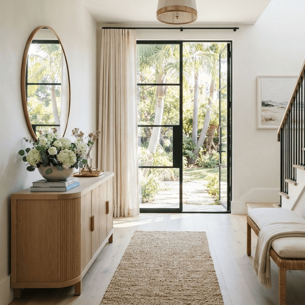 Bright, breezy entry hall of a coastal Santa Monica home with pale oak floors and fresh white blossoms