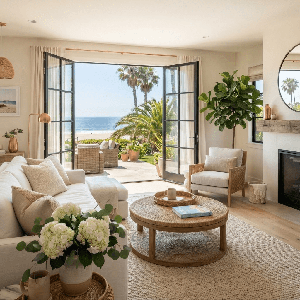 Relaxed coastal Santa Monica living room with wide glass doors opening to a palm garden and soft linen sofas